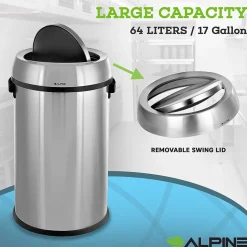 Alpine Industries Commercial Indoor Single-Stream Recycling Station, 17 Gallon, Stainless Steel (ALP470-65L-1-CO)
