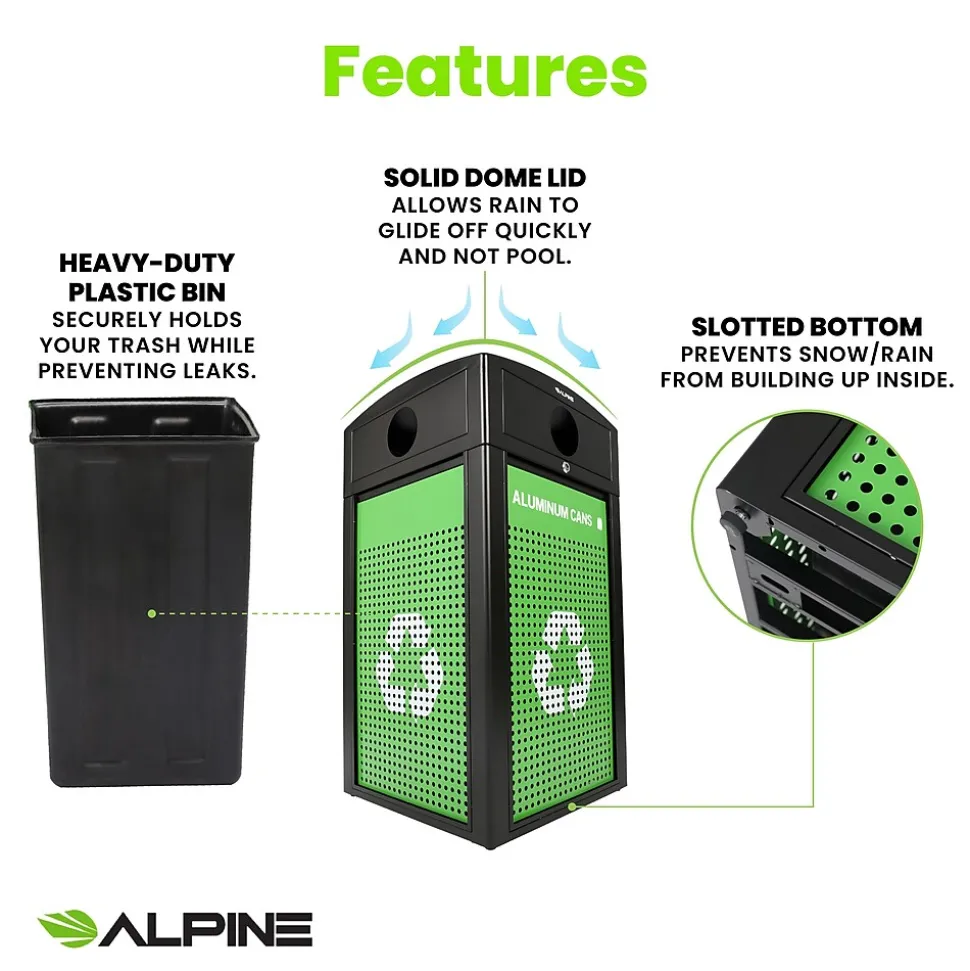 Alpine Industries GS Series Steel Recycling Bin, 120 Gallon, Green (ALP471-40-GSCMS-MK)