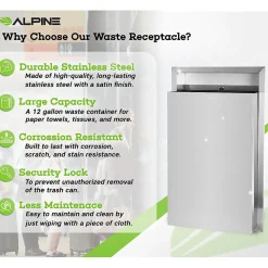 Alpine Industries Metal Indoor Trash Can, 12 Gallon, Stainless Steel (493)