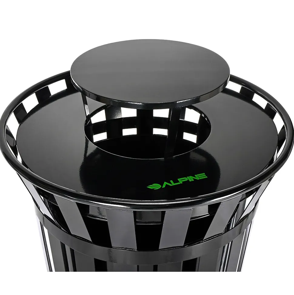 Alpine Industries Metal Slatted Outdoor Commercial Trash Can with Rain Bonnet Lid and Liner, Black, 38 Gal. (479-38-1)