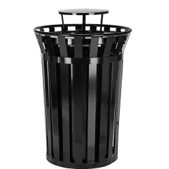 Alpine Industries Metal Slatted Outdoor Commercial Trash Can with Rain Bonnet Lid and Liner, Black, 38 Gal. (479-38-1)