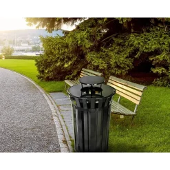 Alpine Industries Metal Slatted Outdoor Commercial Trash Can with Rain Bonnet Lid and Liner, Black, 38 Gal. (479-38-1)
