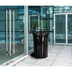 Alpine Industries Metal Slatted Outdoor Commercial Trash Can with Rain Bonnet Lid and Liner, Black, 38 Gal. (479-38-1)