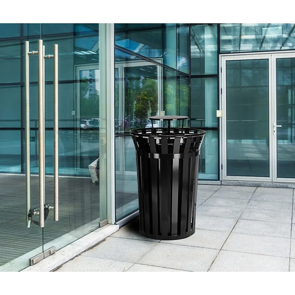 Alpine Industries Metal Slatted Outdoor Commercial Trash Can with Rain Bonnet Lid and Liner, Black, 38 Gal. (479-38-1)