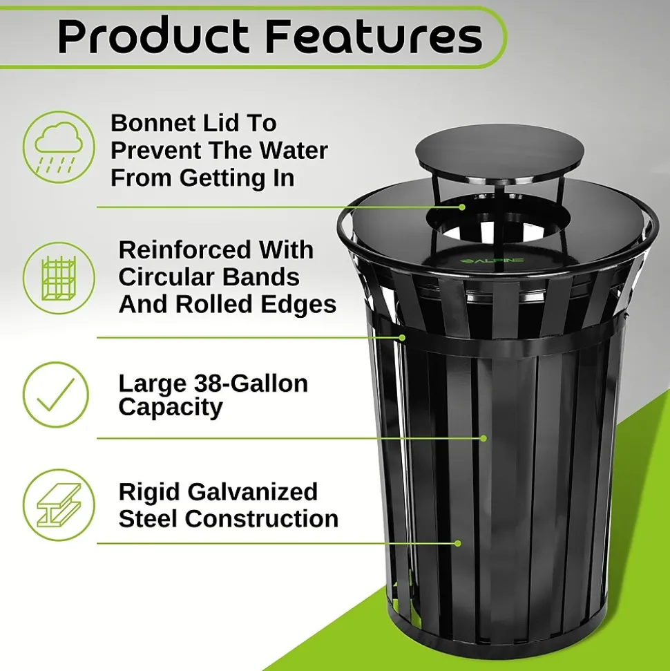 Alpine Industries Metal Slatted Outdoor Commercial Trash Can with Rain Bonnet Lid and Liner, Black, 38 Gal. (479-38-1)