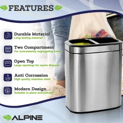 Alpine Industries Stainless Steel Indoor Trash Can, 10.5 Gallon, Silver (470-R-40L)