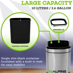 Alpine Industries Stainless Steel Indoor Trash Can with Liner, 2.6 Gallon, Silver (470-10L)