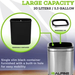 Alpine Industries Stainless Steel Indoor Trash Can, 5.3 Gallon, Silver, 2/Pack (470-20L-2PK)