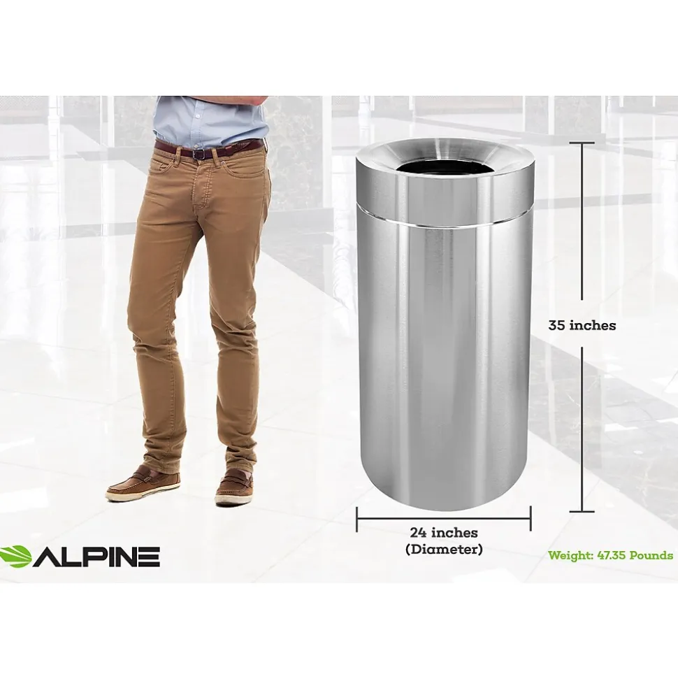 Alpine Industries Stainless Steel Indoor Trash Can with Open Lid, 50-Gallon, 2/Pack (ALP475-50-2PK)