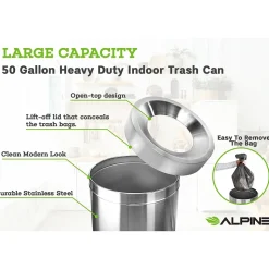 Alpine Industries Stainless Steel Indoor Trash Can with Open Lid, 50-Gallon, 2/Pack (ALP475-50-2PK)