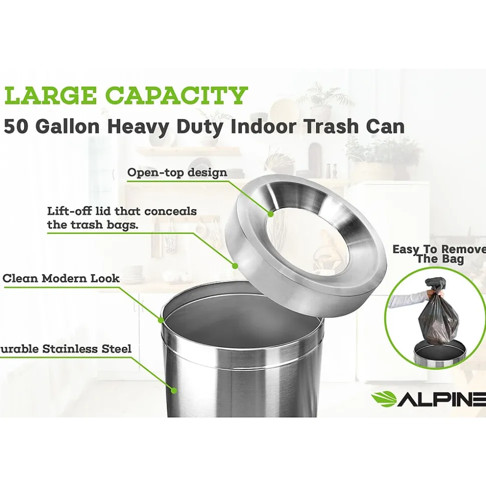 Alpine Industries Stainless Steel Indoor Trash Can with Open Lid, 50-Gallon, 2/Pack (ALP475-50-2PK)