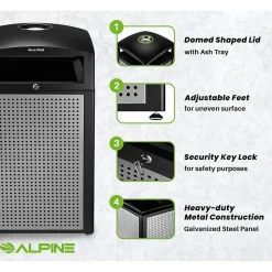 Alpine Industries Steel Outdoor Commercial Trash Can with Ashtray Lid, 40 Gallon, Silver (472-40-SIL)