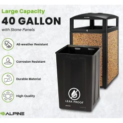 Alpine Industries Steel Outdoor Trash Can with Covered Top and Open Sides, 40-Gallon, Black/Stone, 2/Pack (ALP472-40-STO-2PK)