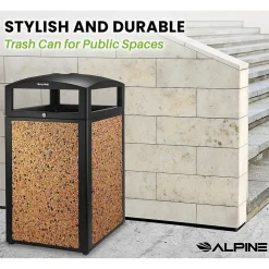 Alpine Industries Steel Outdoor Trash Can with Covered Top and Open Sides, 40-Gallon, Black/Stone, 2/Pack (ALP472-40-STO-2PK)