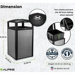 Alpine Industries Steel Outdoor Commercial Trash Can with Ashtray Dome Lid, 40-Gallon, Silver, 2/Pack (ALP472-40-SIL-2PK)