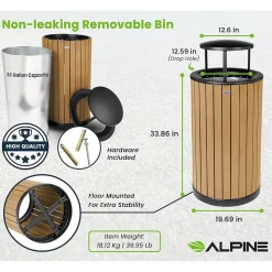 Alpine Industries Steel Outdoor Trash Can with Rain Bonnet Lid, 32 Gallon, Cedar/Black (ALP4400-01-CD-RB)