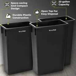 Alpine Industries Trash Can, 23 Gallon, Black, Commercial, 3/Pack (477-BLK-3PK)