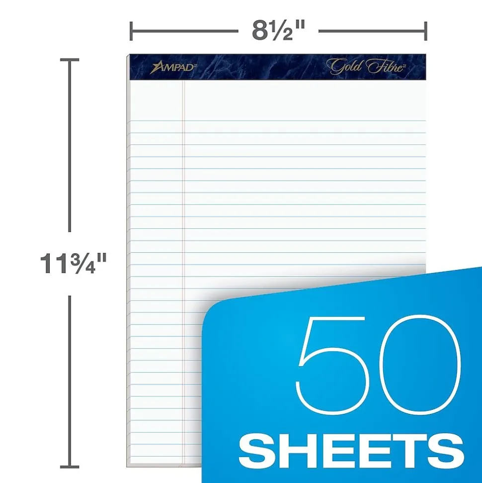 Ampad Gold Fibre Notepads, 8.5" x 11.75", Wide Ruled, White, 50 Sheets/Pad, 4 Pads/Pack (TOP20-031R)