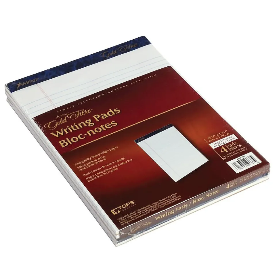 Ampad Gold Fibre Notepads, 8.5" x 11.75", Wide Ruled, White, 50 Sheets/Pad, 4 Pads/Pack (TOP20-031R)