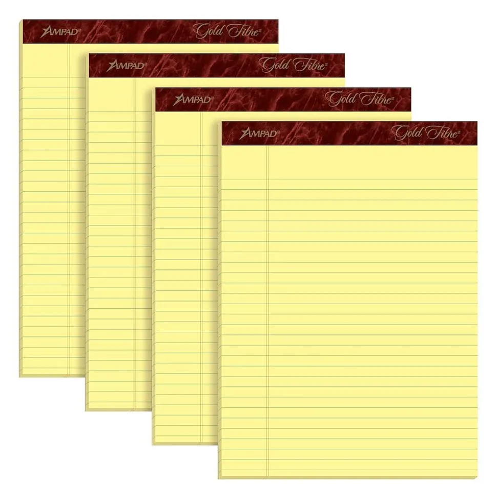 Ampad Gold Fibre Notepads, 8.5" x 11.75", Wide Ruled, Canary, 50 Sheets/Pad, 4 Pads/Pack (TOP20-032R)