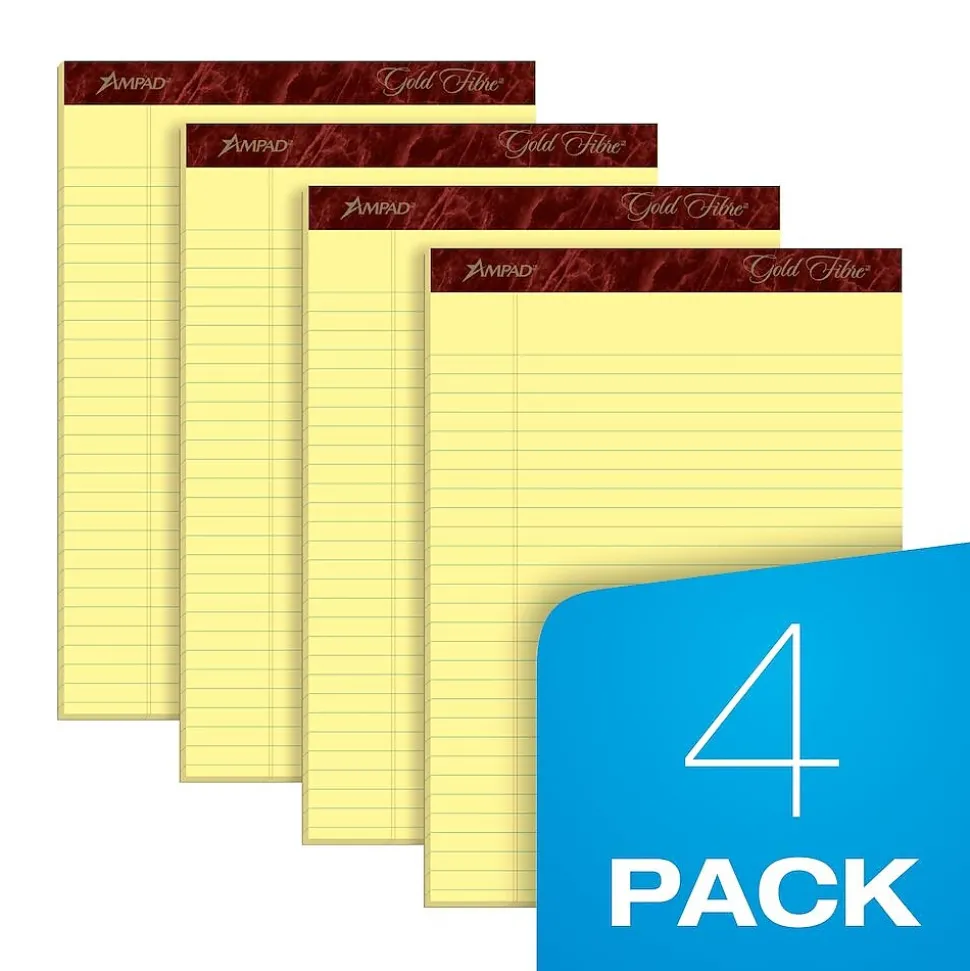 Ampad Gold Fibre Notepads, 8.5" x 11.75", Wide Ruled, Canary, 50 Sheets/Pad, 4 Pads/Pack (TOP20-032R)