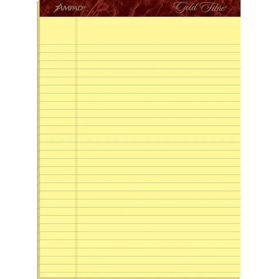 Ampad Gold Fibre Notepads, 8.5" x 11.75", Wide Ruled, Canary, 50 Sheets/Pad, 4 Pads/Pack (TOP20-032R)