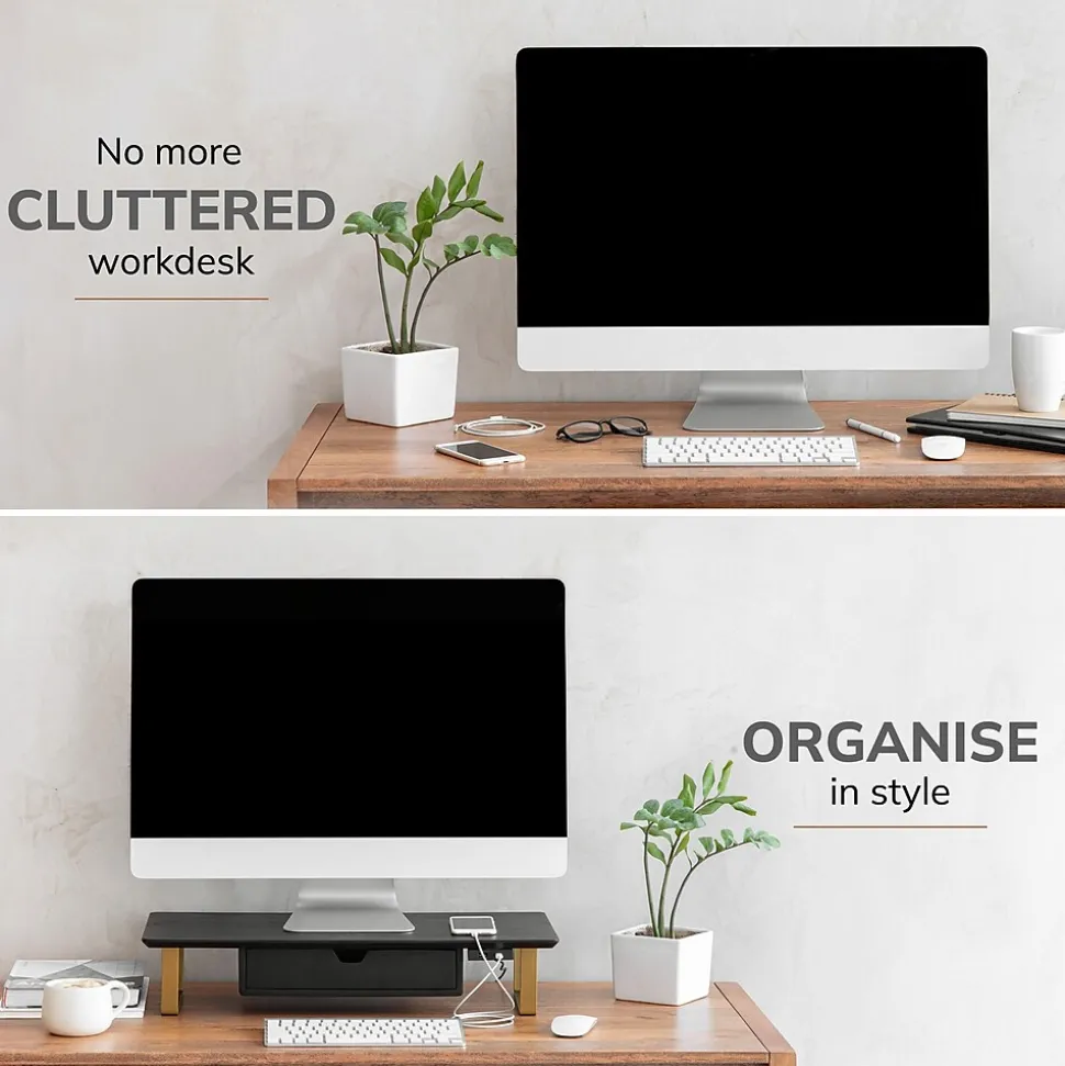 Anji Mountain Mango Wood & Metal Monitor Stand with Two USB Ports and Drawer, Black and Gold (MS-BLK-06GLD-PD)