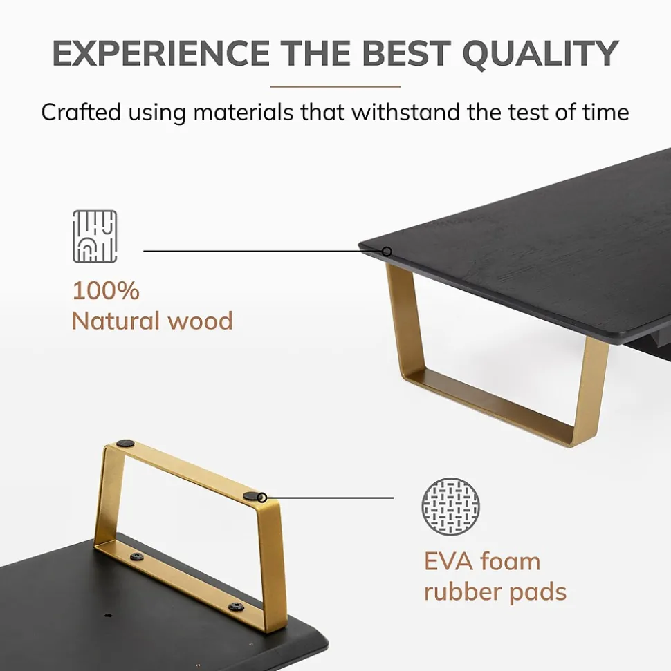 Anji Mountain Mango Wood & Metal Monitor Stand with Two USB Ports and Drawer, Black and Gold (MS-BLK-06GLD-PD)