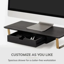 Anji Mountain Mango Wood & Metal Monitor Stand with Two USB Ports and Drawer, Black and Gold (MS-BLK-06GLD-PD)