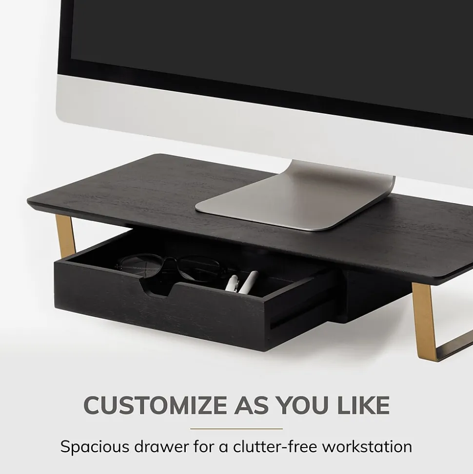 Anji Mountain Mango Wood & Metal Monitor Stand with Two USB Ports and Drawer, Black and Gold (MS-BLK-06GLD-PD)