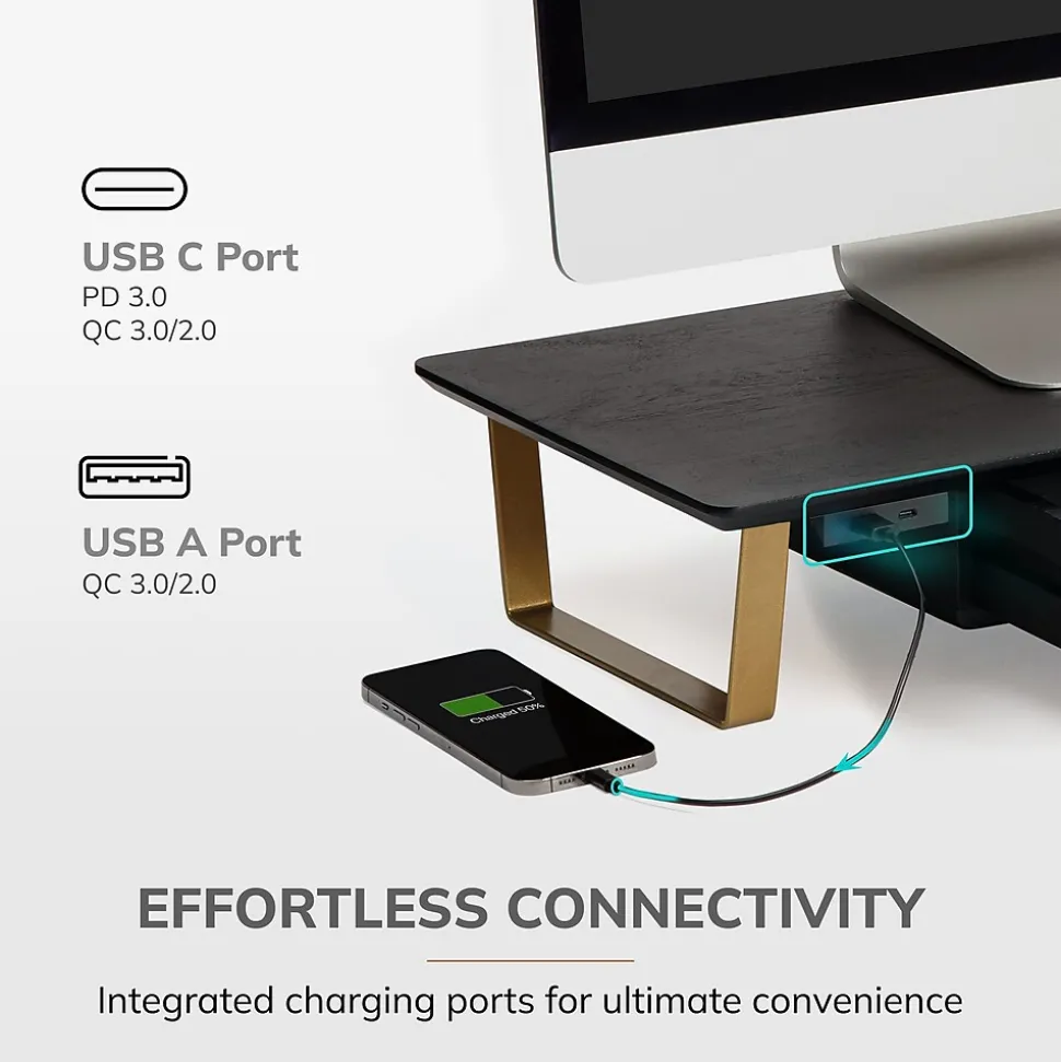 Anji Mountain Mango Wood & Metal Monitor Stand with Two USB Ports and Drawer, Black and Gold (MS-BLK-06GLD-PD)