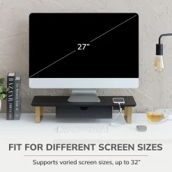 Anji Mountain Mango Wood & Metal Monitor Stand with Two USB Ports and Drawer, Black and Gold (MS-BLK-06GLD-PD)