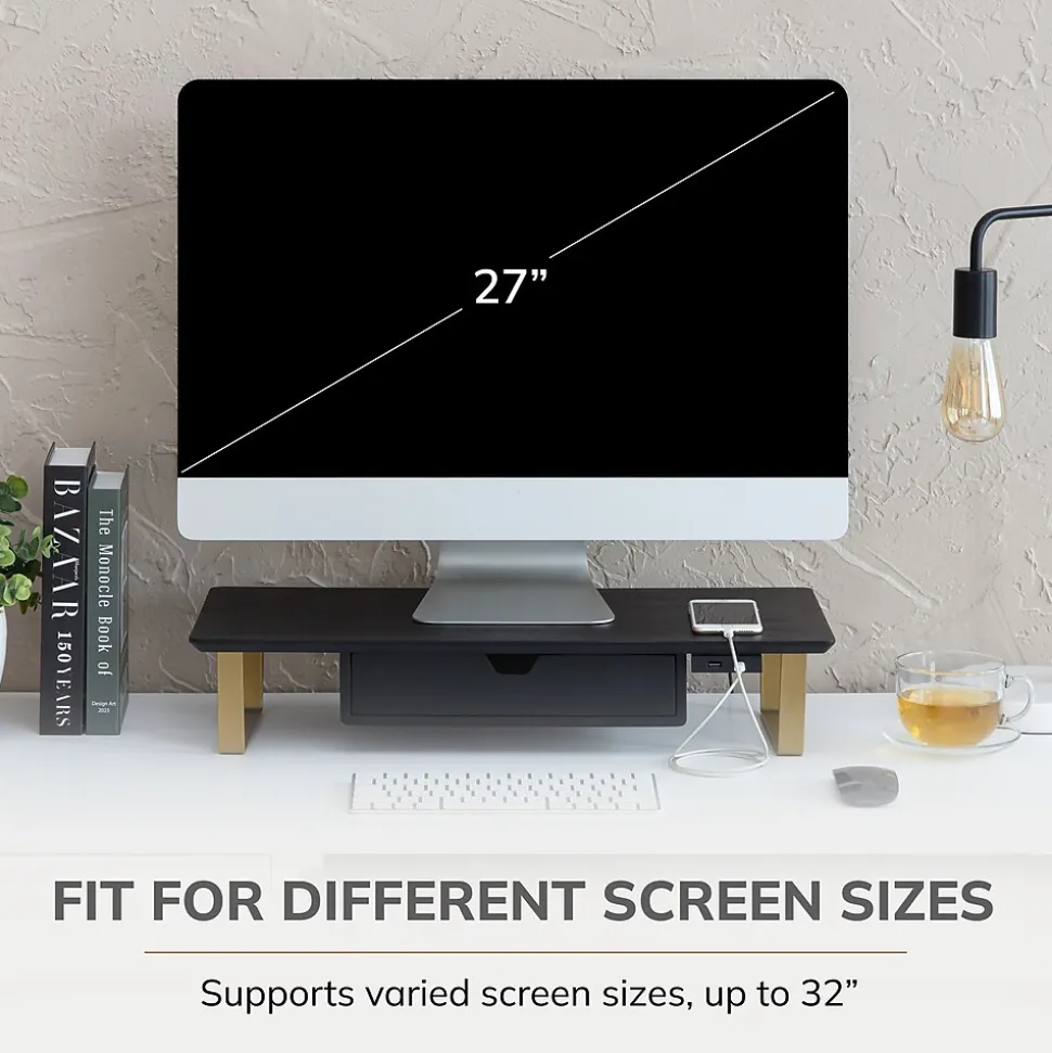 Anji Mountain Mango Wood & Metal Monitor Stand with Two USB Ports and Drawer, Black and Gold (MS-BLK-06GLD-PD)