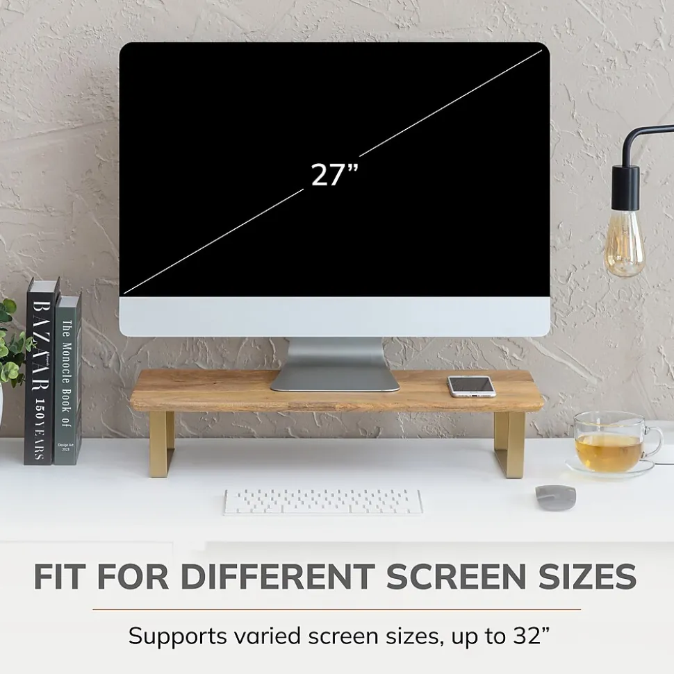 Anji Mountain Mango Wood & Metal Monitor Stand, Up to 32" Monitor, Natural Wood and Gold (MS-MNG-06GLD)