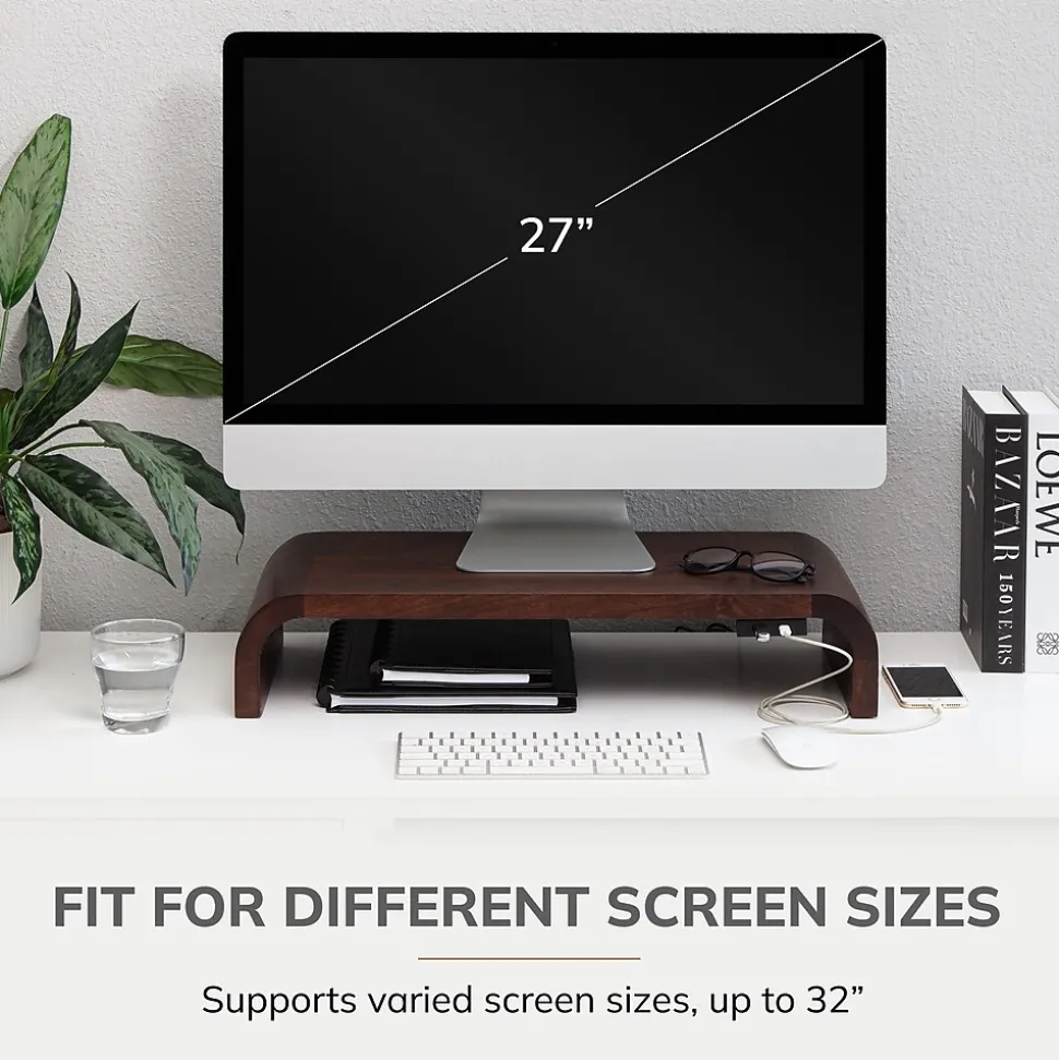 Anji Mountain Mango Wood Monitor Stand with Two USB Ports, Up to 32" Monitor, Walnut (MS-CRV-WAL-P)