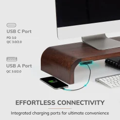 Anji Mountain Mango Wood Monitor Stand with Two USB Ports, Up to 32