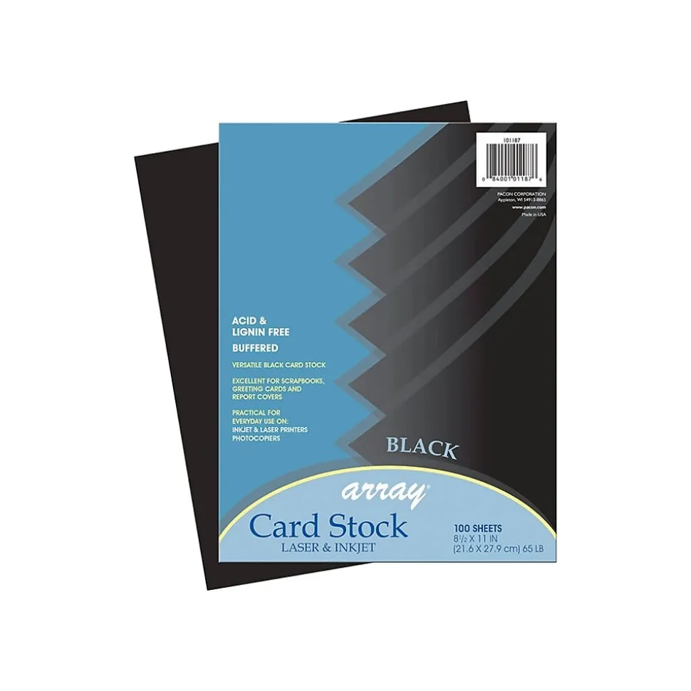 Array 65 lb. Cardstock Paper, 8.5" x 11", Black, 100 Sheets/Pack (101187)