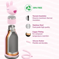 ASOBU Bestie Bottle Bunny Vacuum Insulated Stainless Steel Water Bottle with Reusable Flexi Straw, 16 oz., Pink (SBV44BU)