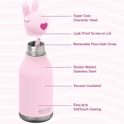 ASOBU Bestie Bottle Bunny Vacuum Insulated Stainless Steel Water Bottle with Reusable Flexi Straw, 16 oz., Pink (SBV44BU)