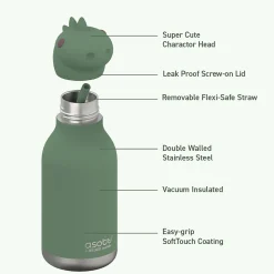 ASOBU Bestie Bottle Dinosaur Stainless Steel Vacuum Insulated Water Bottle, 16 oz., Green (ADNASBV44DI)