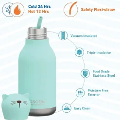 ASOBU Bestie Bottle Kitty Vacuum Insulated Stainless Steel Water Bottle with Reusable Flexi Straw, 16 oz., Blue (SBV44CA)