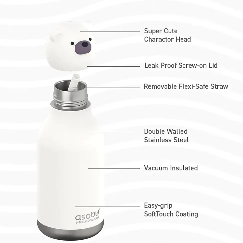 ASOBU Bestie Bottle Teddy Bear Vacuum Insulated Stainless Steel Water Bottle with Reusable Flexi Straw, 16 oz., White (SBV44BE)