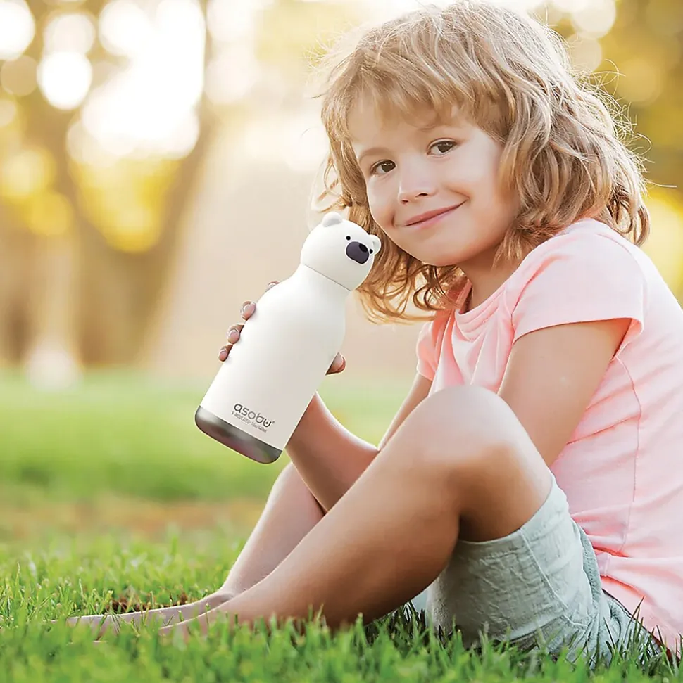 ASOBU Bestie Bottle Teddy Bear Vacuum Insulated Stainless Steel Water Bottle with Reusable Flexi Straw, 16 oz., White (SBV44BE)