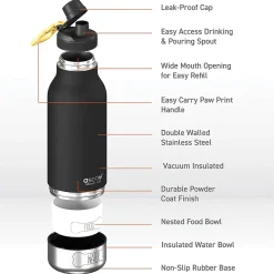 ASOBU Buddy 3-in-1 Water Bottle with Removable Dog Bowl & Food Compartment, 32 oz., Black (SDB2)