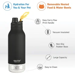 ASOBU Buddy 3-in-1 Water Bottle with Removable Dog Bowl & Food Compartment, 32 oz., Black (SDB2)