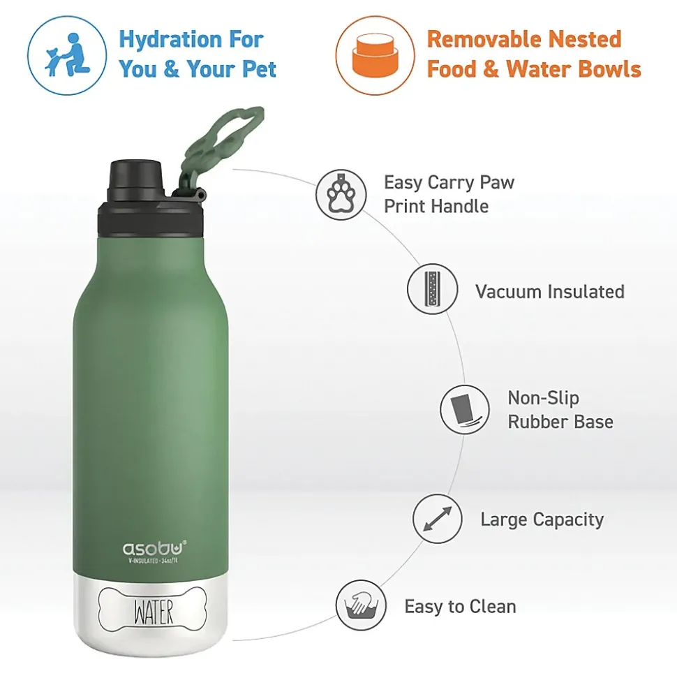 ASOBU Buddy 3-in-1 Water Bottle with Removable Dog Bowl & Food Compartment, 32 oz., Basil Green (SDB2)