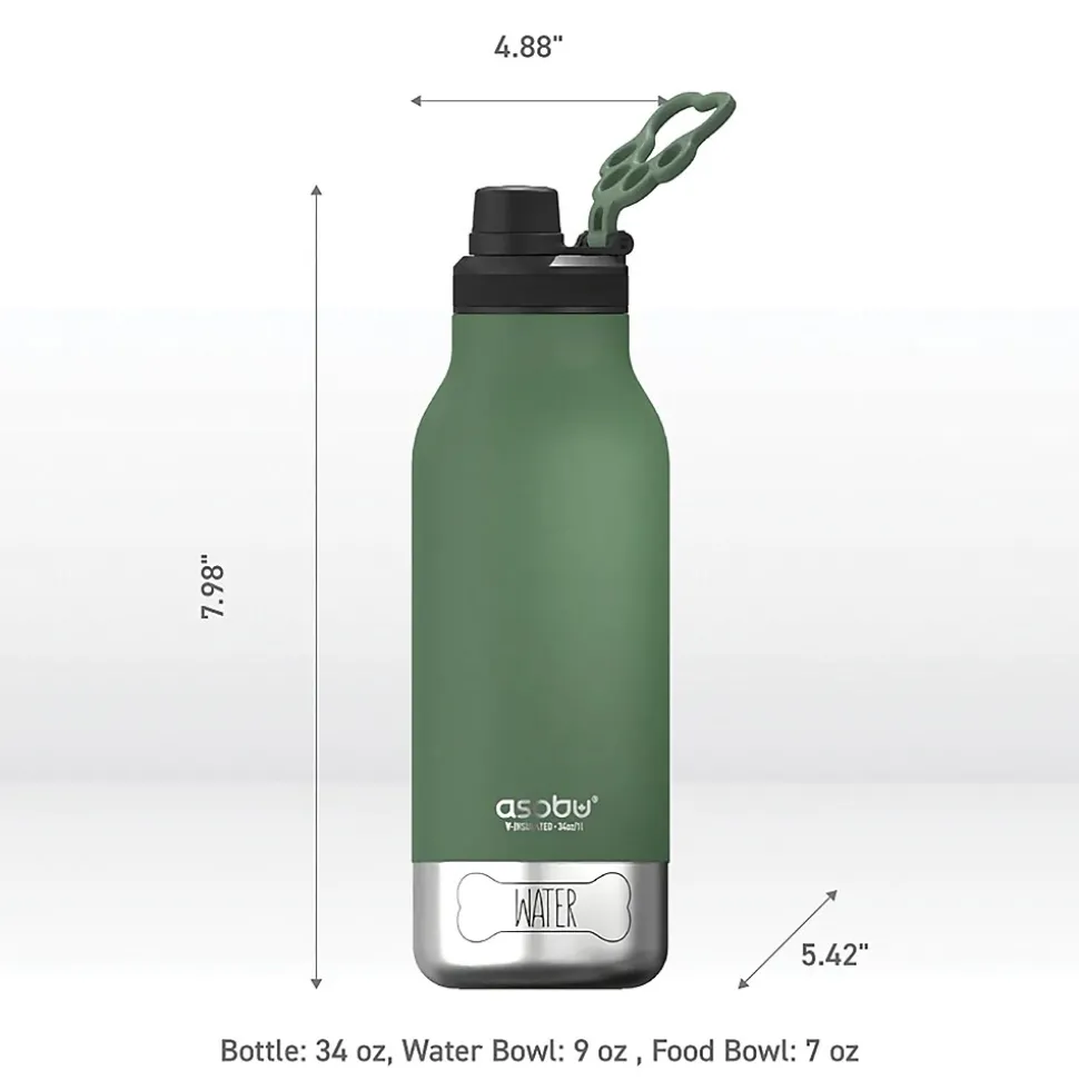 ASOBU Buddy 3-in-1 Water Bottle with Removable Dog Bowl & Food Compartment, 32 oz., Basil Green (SDB2)