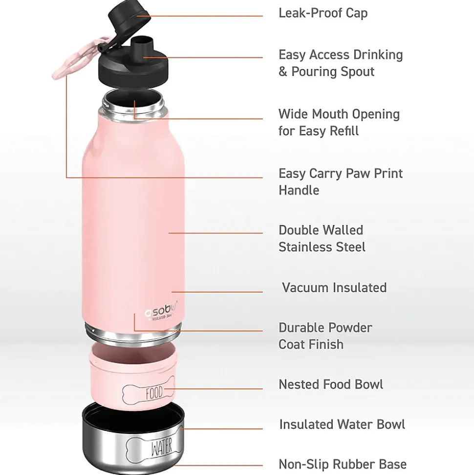 ASOBU Buddy 3-in-1 Water Bottle with Removable Dog Bowl & Food Compartment, 32 oz., Pink (SDB2)