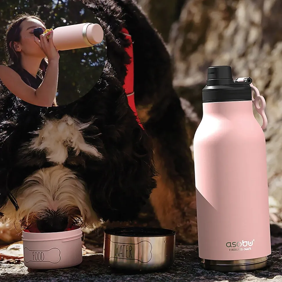 ASOBU Buddy 3-in-1 Water Bottle with Removable Dog Bowl & Food Compartment, 32 oz., Pink (SDB2)