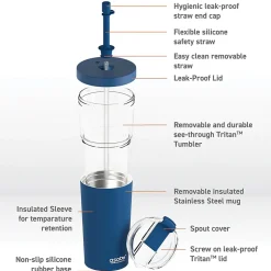 ASOBU Marina See-Through Triton Tumbler with Flexible Straw, 28 oz., Blue (ICT400)